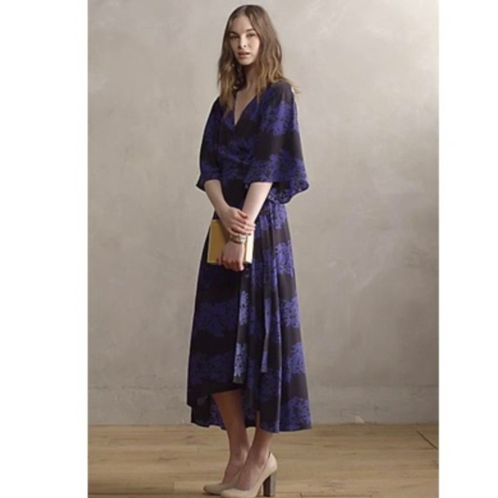 Burning Torch Circle Silk Cashmere Wrap Maxi Dress Kimono Sleeve Blue Floral - Picture 6 of 10
